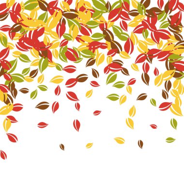 Falling autumn leaves. Red, yellow, green, brown chaotic leaves flying. Falling rain colorful foliage on fancy white background. Breathtaking back to school sale.