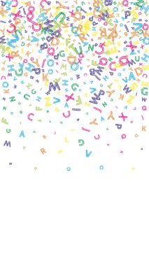 Falling letters of English language. Colorful messy sketch flying words of Latin alphabet. Foreign languages study concept. Actual back to school banner on white background.