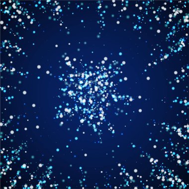 Christmas falling snow background. Subtle flying snow flakes and stars. Festive winter silver snowflake overlay template. Vector illustration