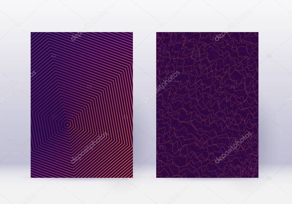 Cover design template set. Abstract lines modern brochure layout. Violet vibrant halftone gradients on dark background. Actual brochure, catalog, poster, book etc.