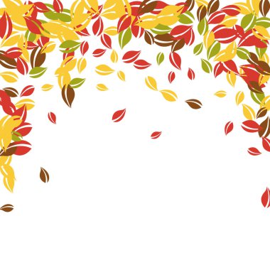 Sonbahar yaprakları dökülüyor. Kırmızı, sarı, yeşil, kaotik yapraklar uçuşuyor. İlginç beyaz arka planda yağan renkli yapraklar. Otantik okul satışına dönüş.