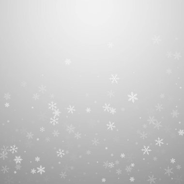 Christmas falling snow background. Subtle flying snow flakes and stars. Festive winter silver snowflake overlay template. Vector illustration