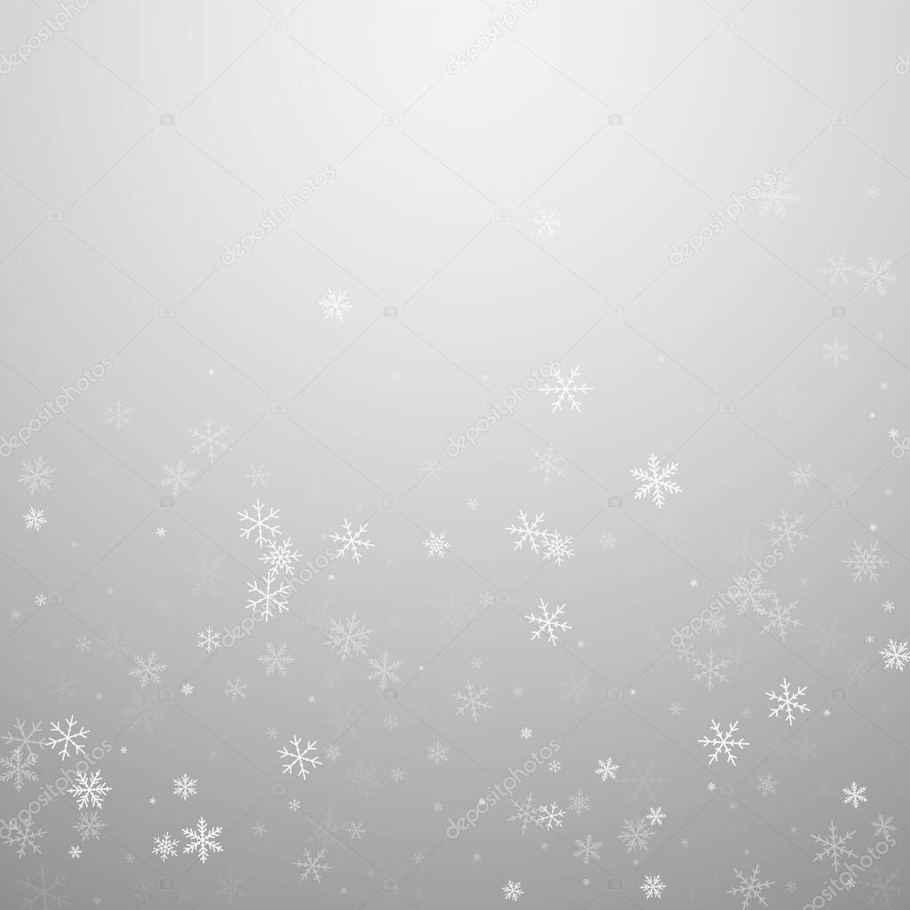 Christmas falling snow background. Subtle flying snow flakes and stars. Festive winter silver snowflake overlay template. Vector illustration