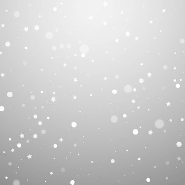 Christmas falling snow background. Subtle flying snow flakes and stars. Festive winter silver snowflake overlay template. Vector illustration