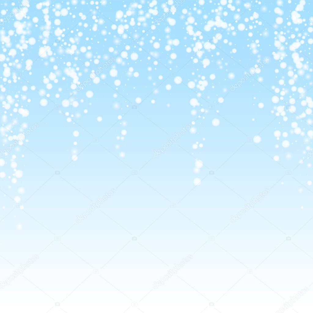 Christmas falling snow background. Subtle flying snow flakes and stars. Festive winter silver snowflake overlay template. Vector illustration