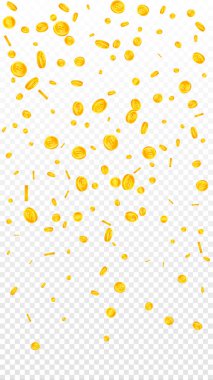 Bitcoin paraları düşüyor. Kripto para birimi etrafa saçılmış altın BTC paralar. İnternet para birimi. Büyük iş başarısı konsepti. Vektör illüstrasyonu.