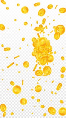 American dollar coins falling. Scattered gold USD coins. USA money. Great business success concept. Vector illustration.