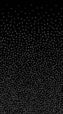 Düşen sayılar, büyük veri konsepti. Çift beyaz düzensiz uçan parmaklar. Siyah arkaplandaki eşsiz fütüristik afiş. Düşen sayılarla dijital vektör illüstrasyonu.