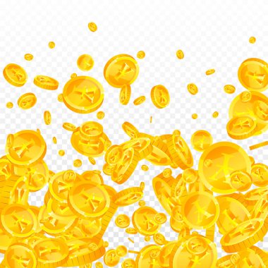 Japanese yen coins falling. Scattered gold JPY coins. Japan money. Global financial crisis concept. Square vector illustration.