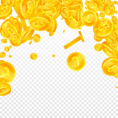 İngiliz sikkeleri düşüyor. Dağınık altın GBP paraları. İngiltere parası. Büyük ikramiye ya da başarı konsepti. Kare vektör illüstrasyonu.