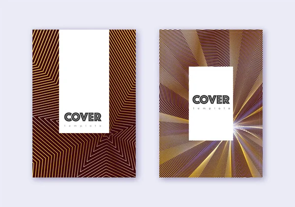 Hipster Cover Ontwerp Template Set Gouden Abstracte Lijnen Kastanjebruine Achtergrond — Stockvector