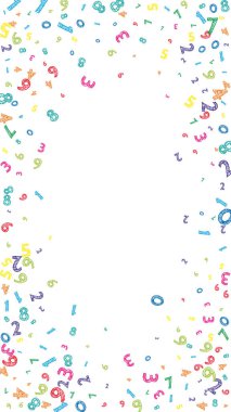 Rengarenk dağınık sayılar düşüyor. Uçan parmaklarla matematik çalışma konsepti. Beyaz arka planda garip bir matematik afişi. Düşen sayılar vektör illüstrasyonu.