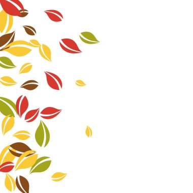 Sonbahar yaprakları dökülüyor. Kırmızı, sarı, yeşil, kaotik yapraklar uçuşuyor. Sevimli beyaz arka planda rengarenk yapraklar. Güzel, okul satışına geri döndü..