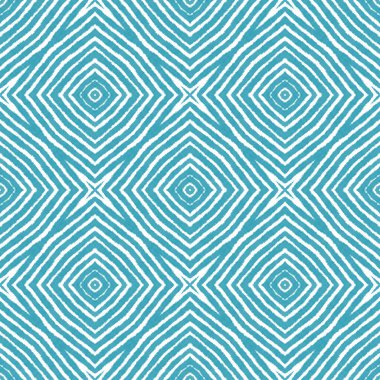 Geometrik dikişsiz desen. Turkuaz simetrik kaleydoskop arka planı. Tekstil hazır yaratıcı baskı, mayo kumaş, duvar kağıdı, ambalaj. El çizimi geometrik kusursuz tasarım.