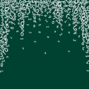 Düşen tebeşir numaraları. Uçan parmaklarla matematik çalışma konsepti. Tahta arka planda okul matematiği afişi. Düşen sayılar vektör illüstrasyonu.