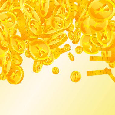 Japanese yen coins falling. Scattered gold JPY coins. Japan money. Great business success concept. Square vector illustration.