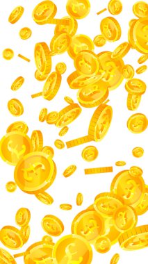 British pound coins falling. Scattered gold GBP coins.  United Kingdom money. Great business success concept. Vector illustration.