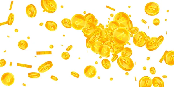Bitcoin Coins Falling Cryptocurrency Scattered Gold Btc Coins Internet Currency — Stockvektor