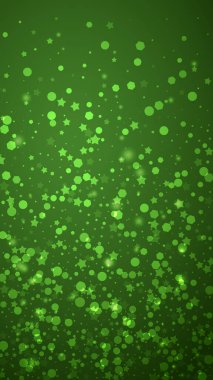 Güzel kar yağışı arkaplanı. İnce uçan kar taneleri ve yeşil arka plandaki yıldızlar. Güzel kar yağışı şablonu. Dikey vektör illüstrasyonu.