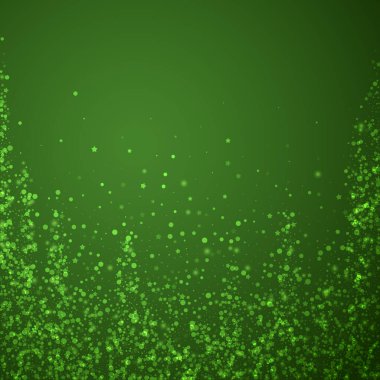 Sihirli kar yağışı arkaplanı. İnce uçan kar taneleri ve yeşil arka plandaki yıldızlar. Sihirli yağan kar tatili manzarası. Kare vektör illüstrasyonu.