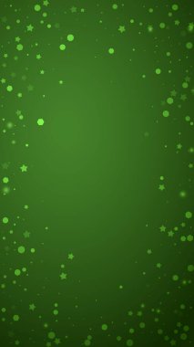 Güzel kar yağışı arkaplanı. İnce uçan kar taneleri ve yeşil arka plandaki yıldızlar. Güzel kar yağışı şablonu. Dikey vektör illüstrasyonu.