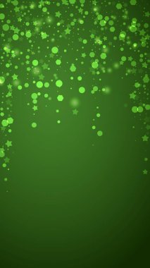 Karlı bir Noel geçmişi var. İnce uçan kar taneleri ve yeşil arka plandaki yıldızlar. Narin, tatlı, karlı bir Noel. Dikey vektör illüstrasyonu.