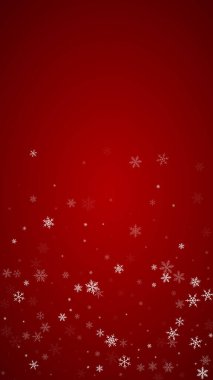 Sihirli kar yağışı arkaplanı. İnce uçan kar taneleri ve kırmızı arka plandaki yıldızlar. Sihirli yağan kar tatili manzarası. Dikey vektör illüstrasyonu.