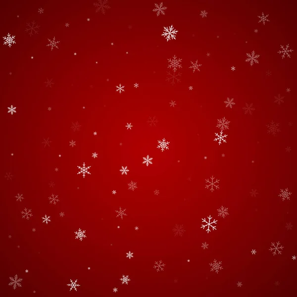 Fondo Navidad Nevado Copos Nieve Voladores Sutiles Estrellas Fondo Rojo — Vector de stock