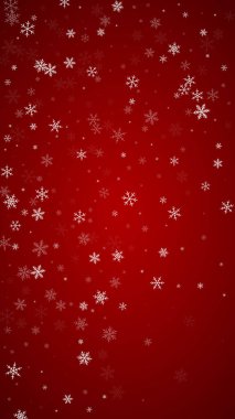 Sihirli kar yağışı arkaplanı. İnce uçan kar taneleri ve kırmızı arka plandaki yıldızlar. Sihirli yağan kar tatili manzarası. Dikey vektör illüstrasyonu.