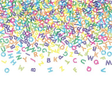 İngilizce 'nin harfleri düşüyor. Latin alfabesinin renkli çizimleri. Yabancı diller öğrenim kavramı. Beyaz arkaplanda okul afişine manyetiksel dönüş.