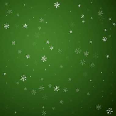 Sihirli kar yağışı arkaplanı. İnce uçan kar taneleri ve yeşil arka plandaki yıldızlar. Sihirli yağan kar tatili manzarası. Kare vektör illüstrasyonu.