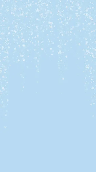 雪の結晶クリスマスの背景に落ちる 薄緑色の冬の背景に小さな空飛ぶ雪のフレークと星 美しい雪の結晶のオーバーレイ落下 垂直ベクトル図 — ストックベクタ