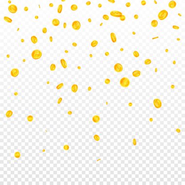 Indian rupee coins falling. Scattered gold INR coins. India money. Great business success concept. Square vector illustration.