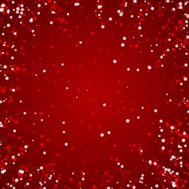 Yılbaşı arkaplanında kar taneleri yağıyor. İnce uçan kar taneleri ve kırmızı arka plandaki yıldızlar. Çok güzel düşen kar taneleri. Kare vektör illüstrasyonu.