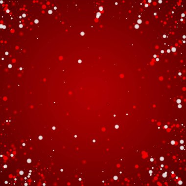 Güzel kar yağışı arkaplanı. İnce uçan kar taneleri ve kırmızı arka plandaki yıldızlar. Güzel kar yağışı şablonu. Kare vektör illüstrasyonu.