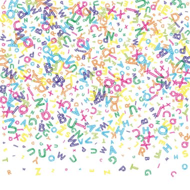 İngilizce 'nin harfleri düşüyor. Latin alfabesinin renkli, dağınık, uçan kelimeleri. Yabancı diller öğrenim kavramı. Beyaz arkaplanda okul afişi.