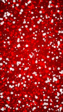 Yılbaşı arkaplanında kar taneleri yağıyor. İnce uçan kar taneleri ve kırmızı arka plandaki yıldızlar. Çok güzel düşen kar taneleri. Dikey vektör illüstrasyonu.