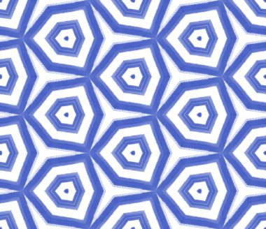 Etnik elle boyanmış desen. İndigo simetrik kaleydoskop arka planı. Tekstil hazır nadir baskılar, mayo kumaş, duvar kağıdı, ambalaj. Yazlık elbise, elle boyanmış fayans..
