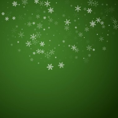 Yılbaşı arkaplanında kar taneleri yağıyor. İnce uçan kar taneleri ve yeşil arka plandaki yıldızlar. Çok güzel düşen kar taneleri. Kare vektör illüstrasyonu.