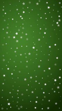 Güzel kar yağışı arkaplanı. İnce uçan kar taneleri ve yeşil arka plandaki yıldızlar. Güzel kar yağışı şablonu. Dikey vektör illüstrasyonu.