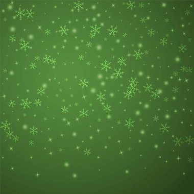 Yılbaşı arkaplanında kar taneleri yağıyor. İnce uçan kar taneleri ve yeşil arka plandaki yıldızlar. Çok güzel düşen kar taneleri. Kare vektör illüstrasyonu.