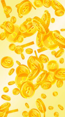 Bitcoin paraları düşüyor. Kripto para birimi etrafa saçılmış altın BTC paralar. İnternet para birimi. Büyük iş başarısı konsepti. Vektör illüstrasyonu.