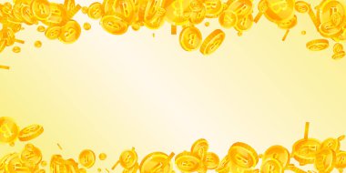 Bitcoin paraları düşüyor. Kripto para birimi etrafa saçılmış altın BTC paralar. İnternet para birimi. Küresel finansal kriz konsepti. Geniş vektör illüstrasyonu.