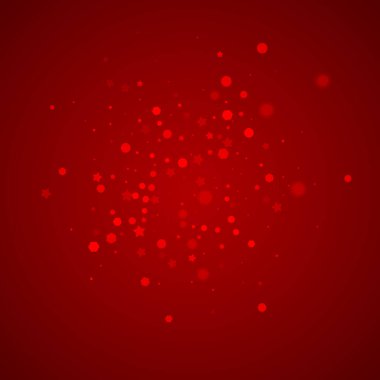 Yılbaşı arka planında kar yağışı var. İnce uçan kar taneleri ve kırmızı arka plandaki yıldızlar. Karlı bayram örtüsü. Kare vektör illüstrasyonu.