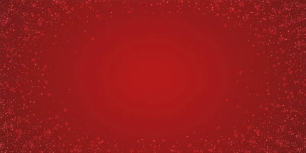 魔法の秋の雪のクリスマスの背景 クリスマスの赤い背景に小さな飛行雪のフレークと星 魔法の秋の雪の休日の風景 ワイドベクトルイラスト — ストックベクタ