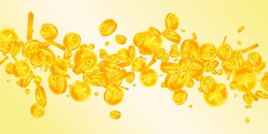 Chinese yuan coins falling. Scattered gold CNY coins. China money. Great business success concept. Wide vector illustration.
