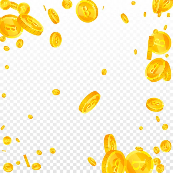 Bitcoin Coins Falling Cryptocurrency Scattered Gold Btc Coins Internet Currency —  Vetores de Stock
