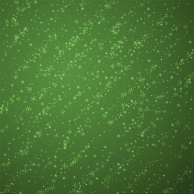 Güzel kar yağışı arkaplanı. İnce uçan kar taneleri ve yeşil arka plandaki yıldızlar. Güzel kar yağışı şablonu. Kare vektör illüstrasyonu.