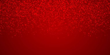 Yılbaşı arka planında kar yağışı var. İnce uçan kar taneleri ve kırmızı arka plandaki yıldızlar. Karlı bayram örtüsü. Geniş vektör illüstrasyonu.