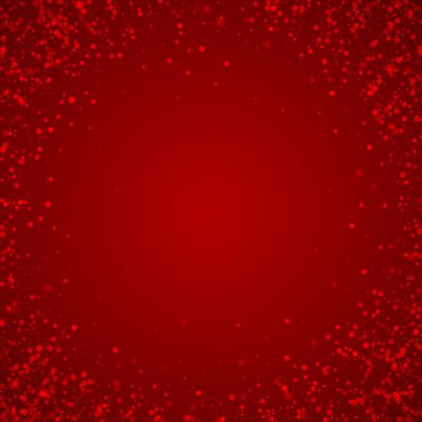 Sihirli kar yağışı arkaplanı. İnce uçan kar taneleri ve kırmızı arka plandaki yıldızlar. Sihirli yağan kar tatili manzarası. Kare vektör illüstrasyonu.